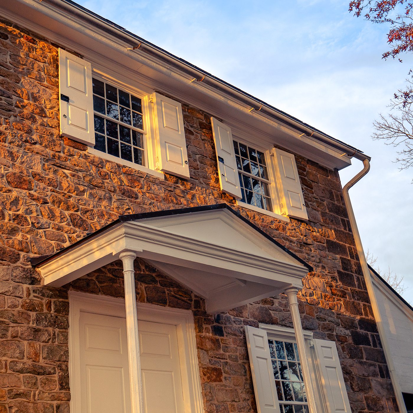 Exterior view of Solebury Friends Meeting porch roof and sky