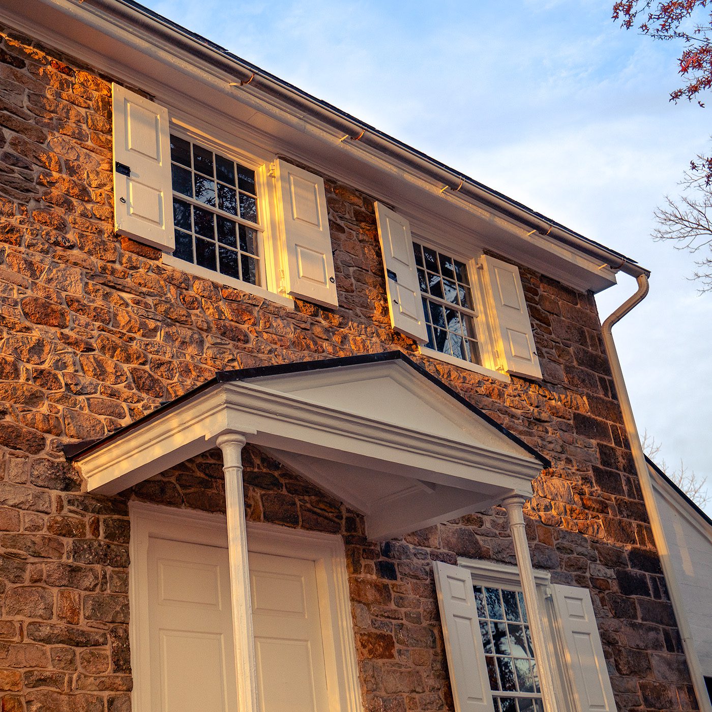 Exterior view of Solebury Friends Meeting porch roof and sky