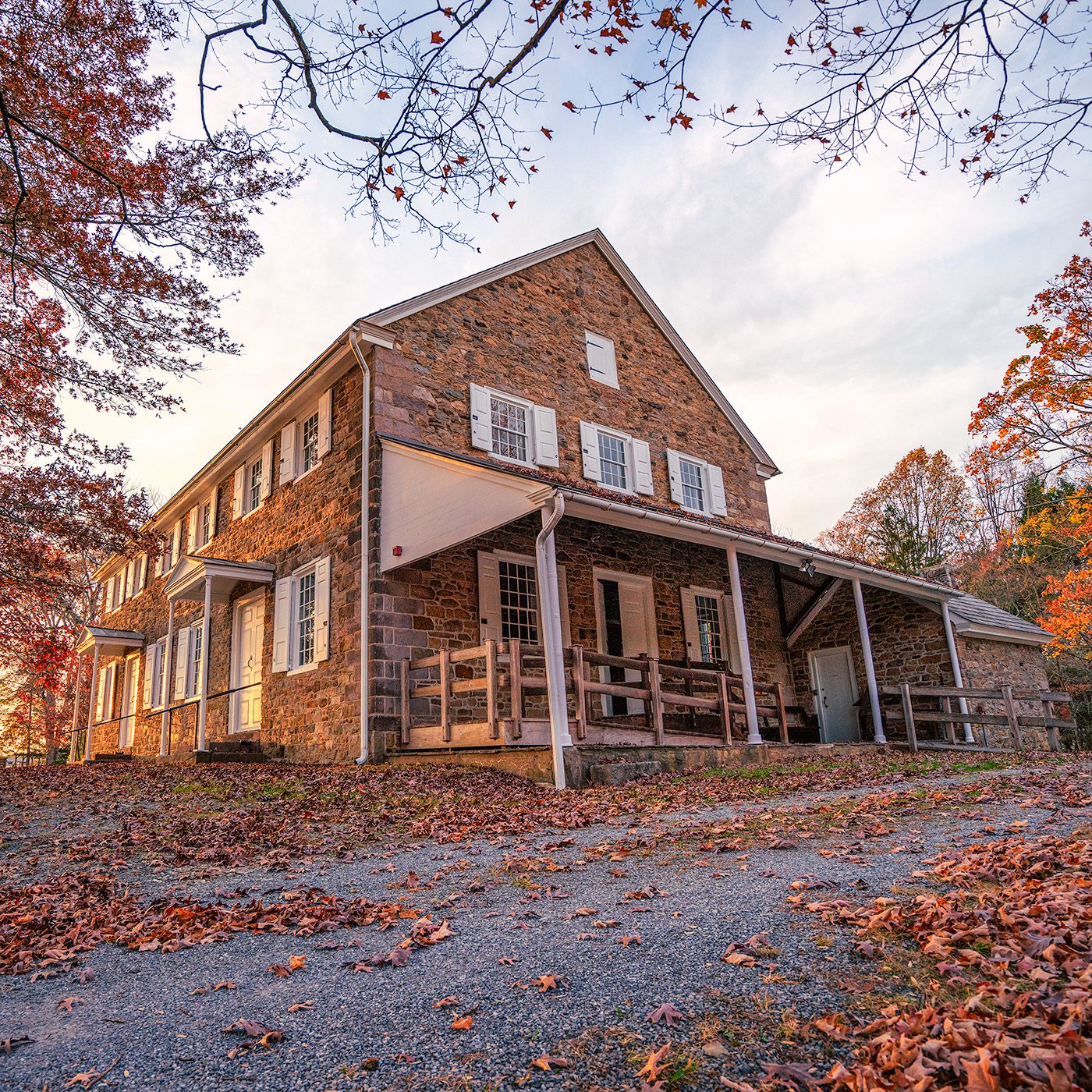 Exterior view of Solebury Friends Meeting porch roof and sky