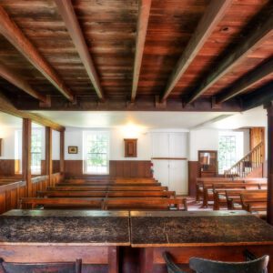 View of the inside of Solebury Friends Meetinghouse from the front of the hall